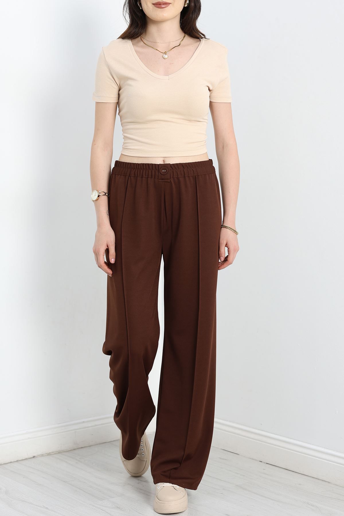 Fashi10 Bol Paça Düğmeli Pantolon Acıkahve