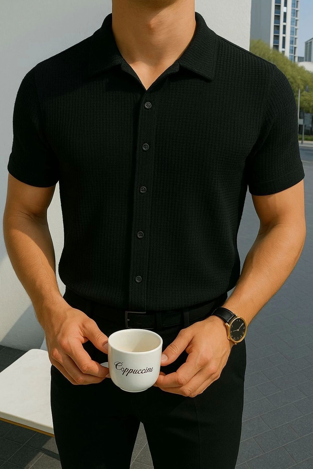 Store %100 Pamuk Waffle Kumaş Erkek Yazlık Düğmeli Kısa Kol Premium Gömlek