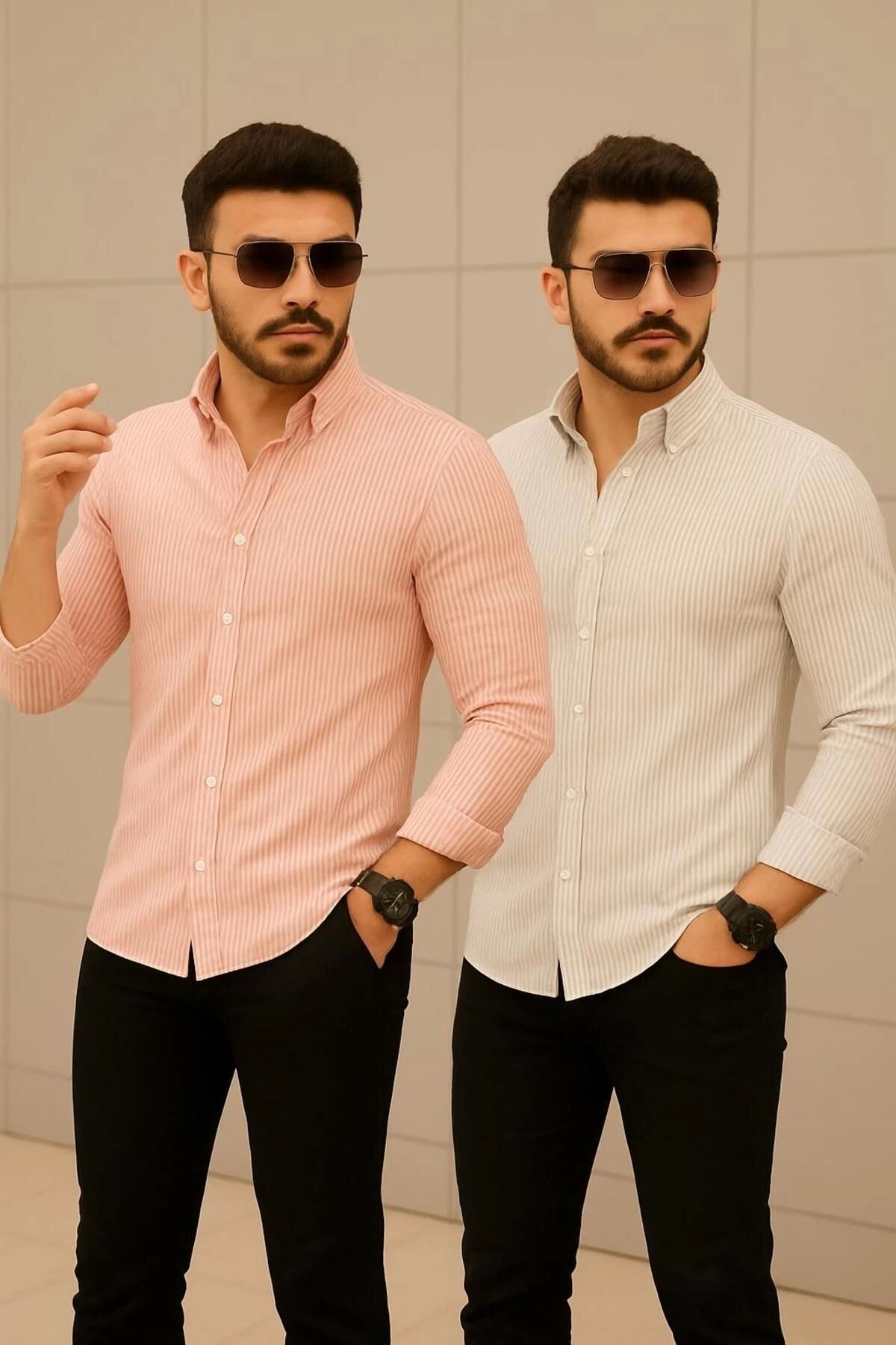 LC Waikiki 2'li Keten Çizgili Slim Fit Şık Premium Kalite Düğmeli Pamuklu Erkek Gömlek Klasik ve Spo