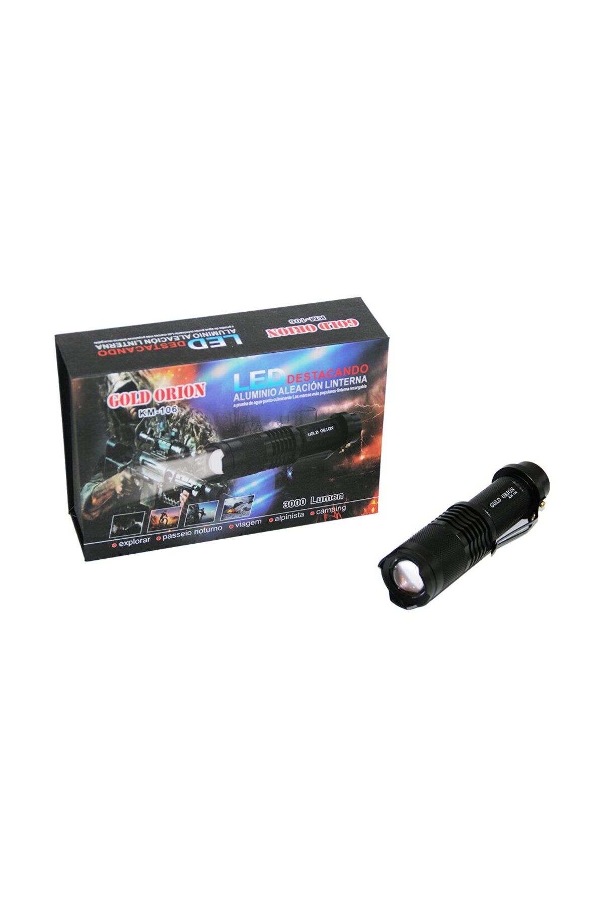 Findit GOLD ORION KM-106 ZOOMLU EL FENERİ FİŞLİ PİL ŞARJ CİHAZLI SİYAH METAL KASA 12.5CM 3000 LUMEN (2818)