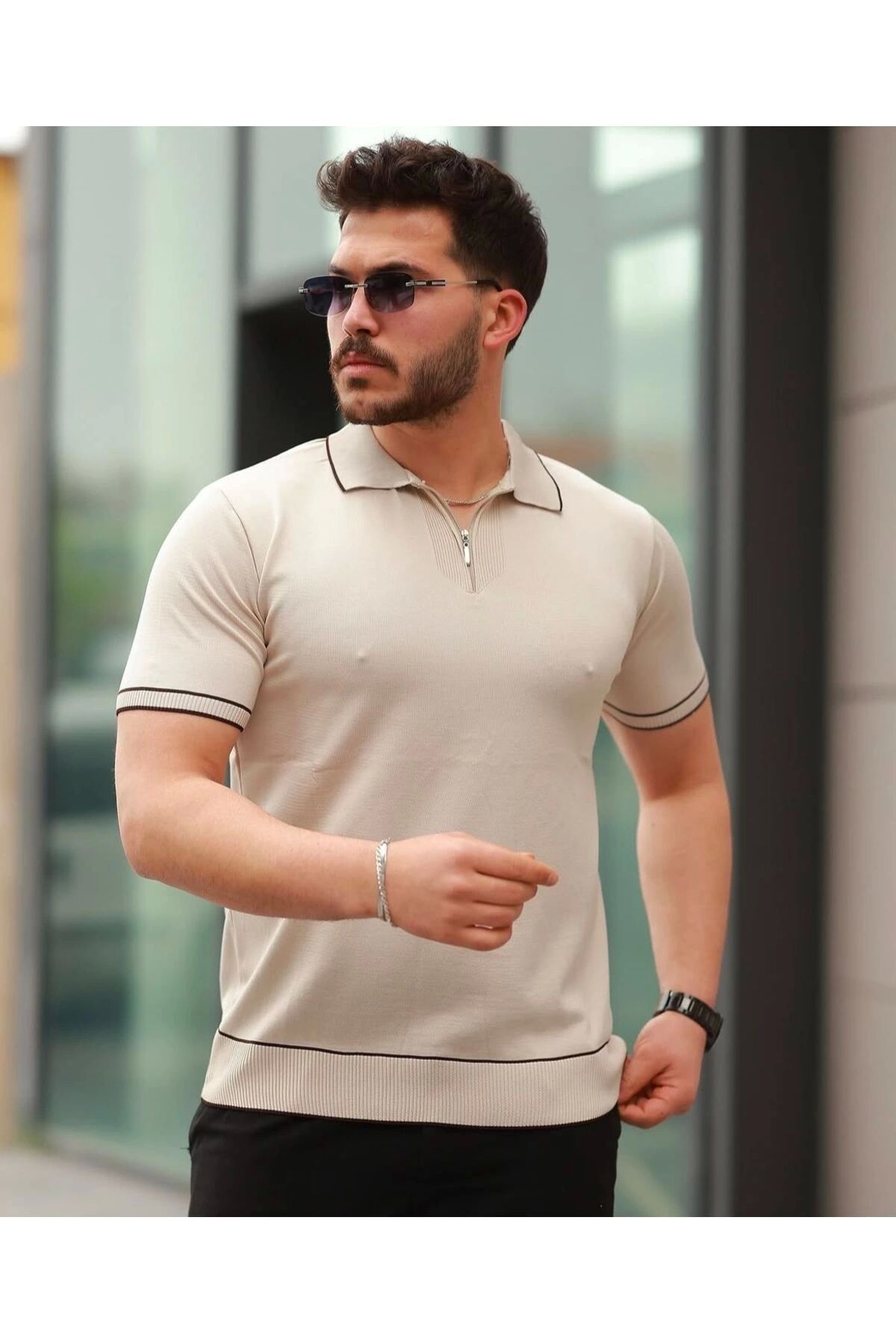 LC Waikiki LC WAIKI Gömlek Yaka Fermuarlı Yazlık Kısa Kollu Erkek T-shirt / Tişört