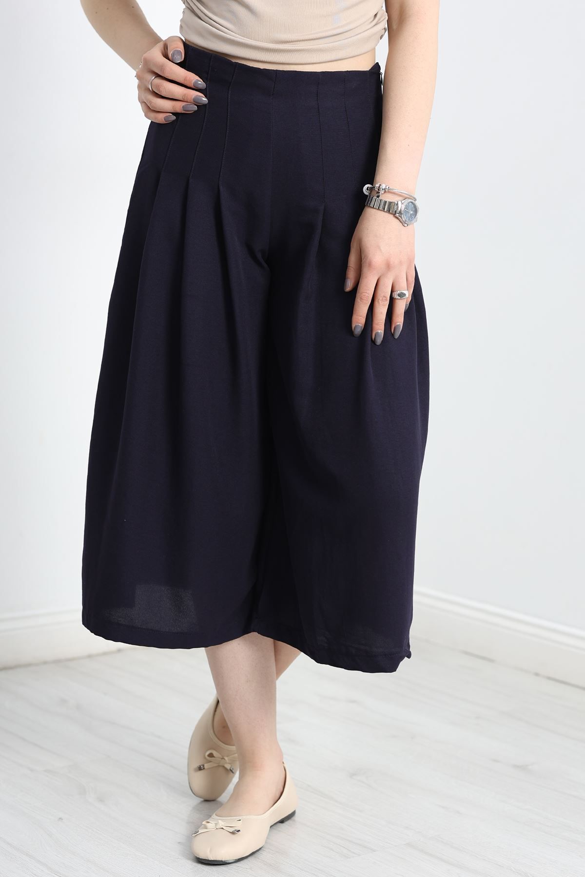 Fashi10 Pileli Bermuda Pantolon Lacivert