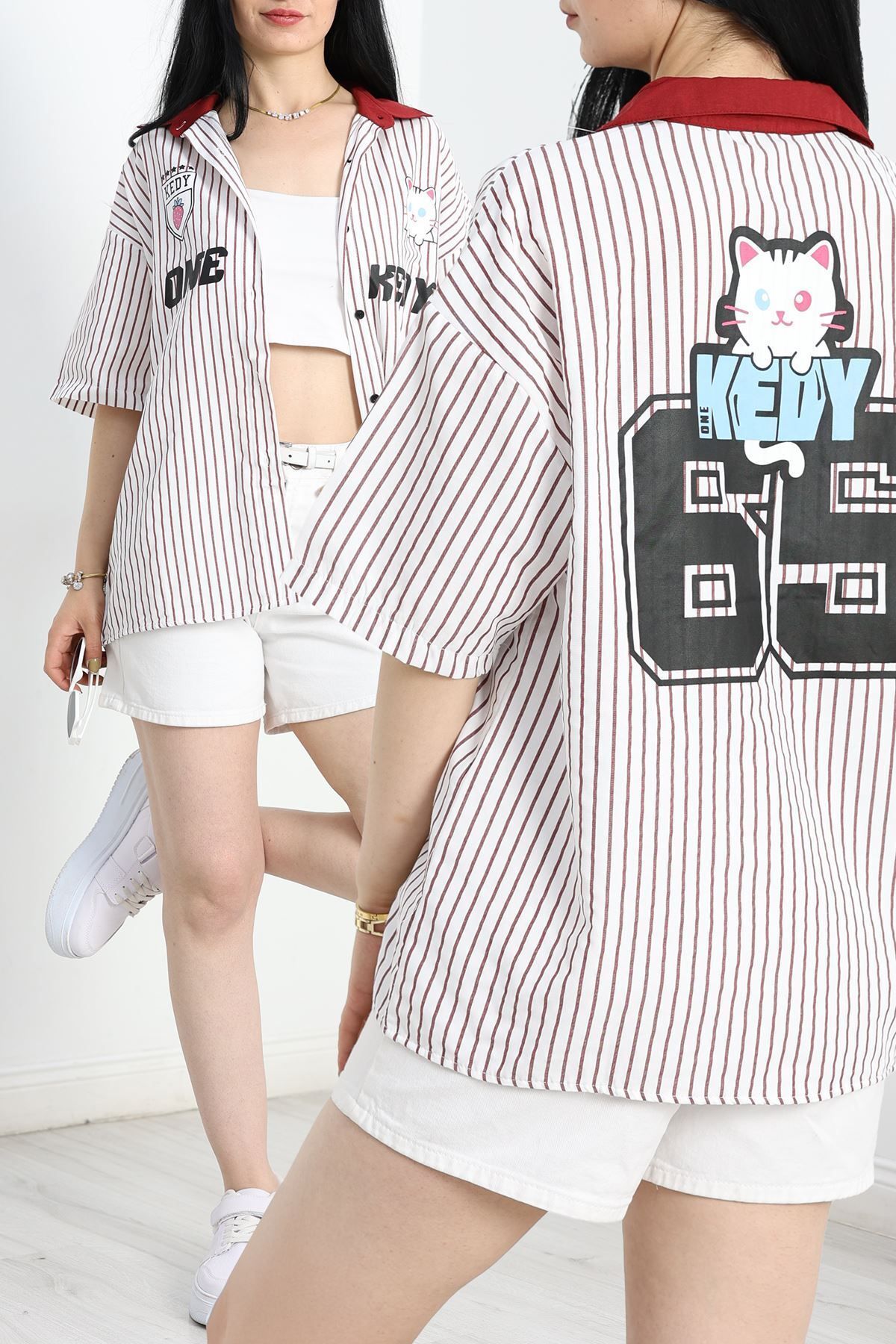Fashi10 Oversize Gömlek Bordoçizgili