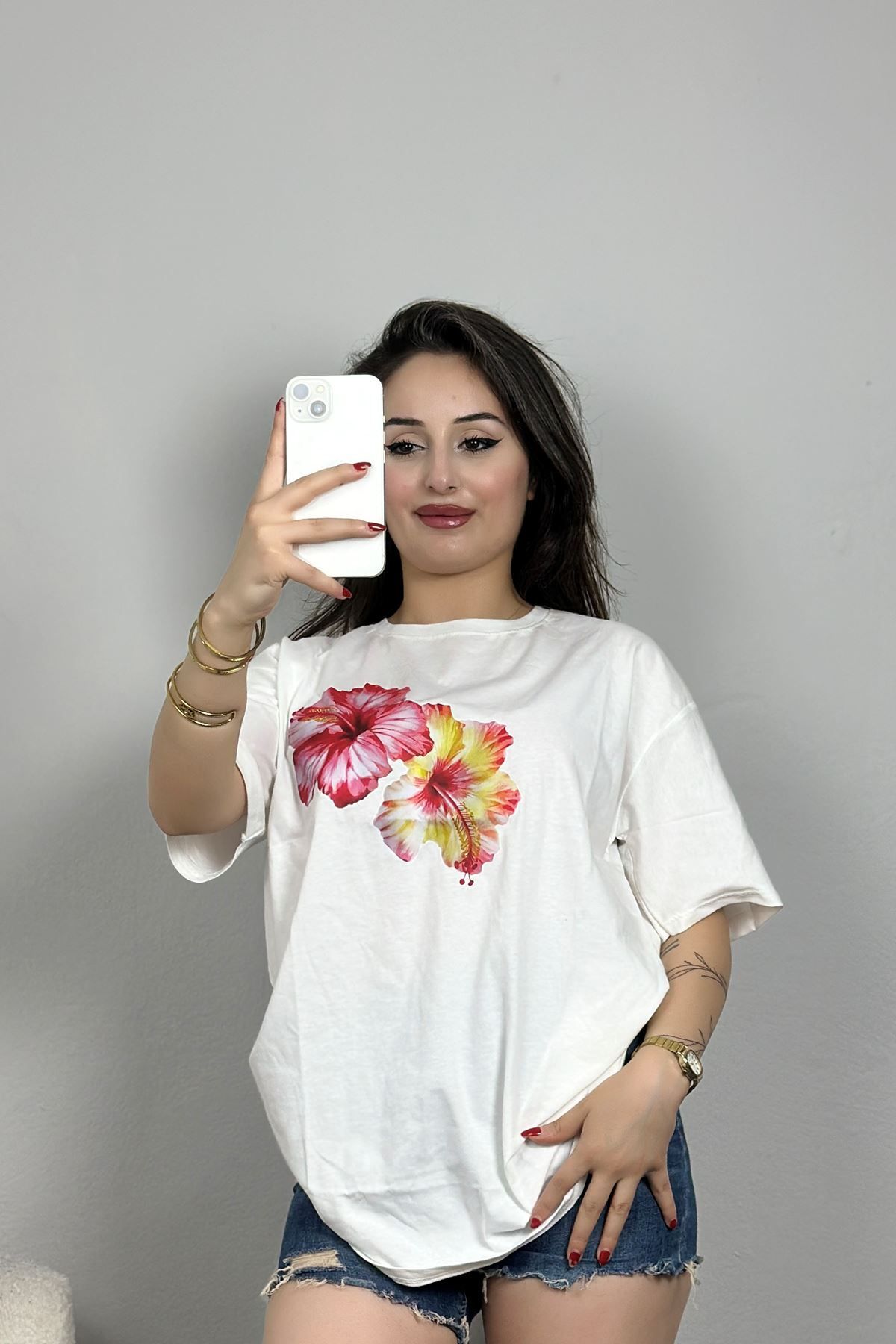 Fashi10 Lüx Penye Dijital Baskılı Oversize Tişört Beyaz
