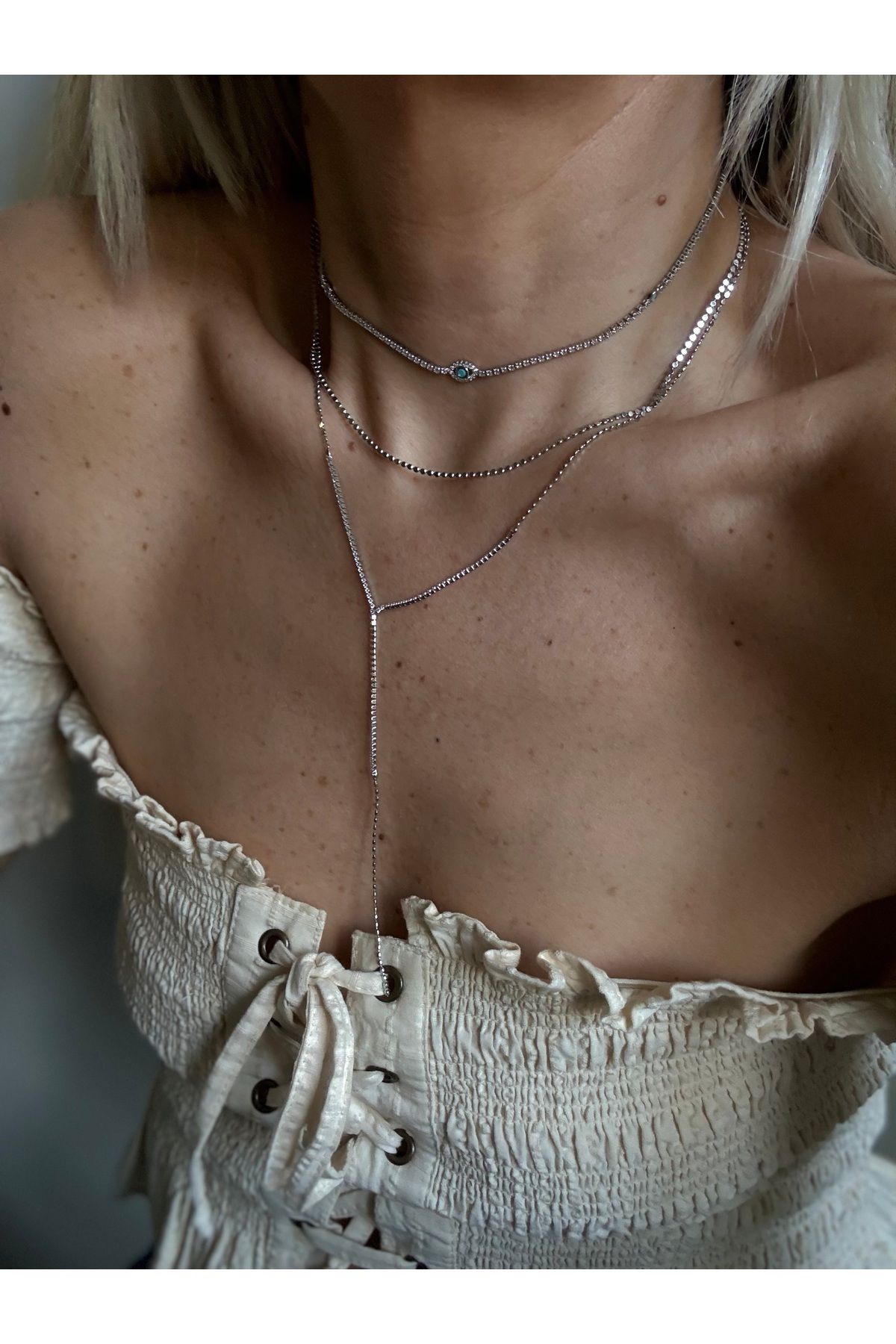 Rossetto Atelier İthal Silver Mavi Taşlı Göz Su Yolu Choker Kolye