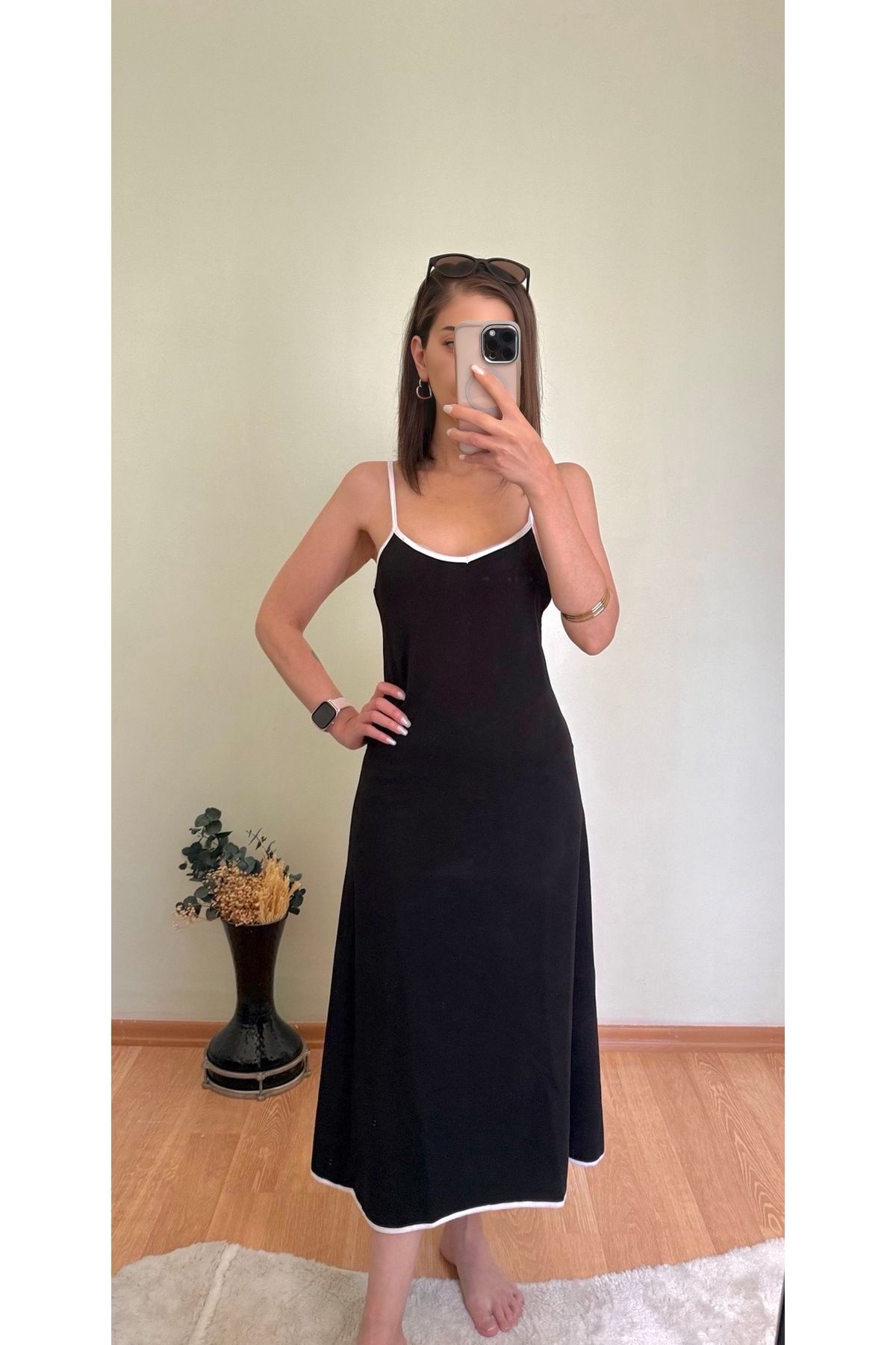 CCTWEAR İp Askılı V Yaka Çift Renkli MİDİ Elbise