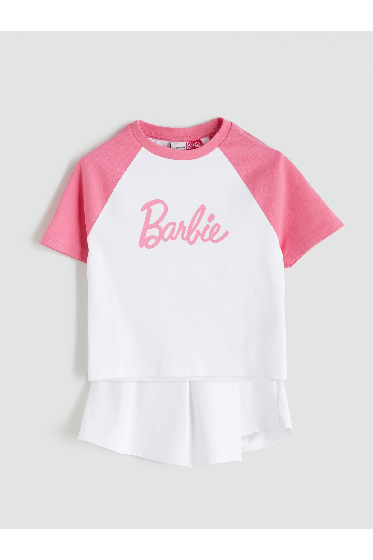 LC Waikiki Bisiklet Yaka Barbie Baskılı Kız Çocuk Tişört ve Şort Etek