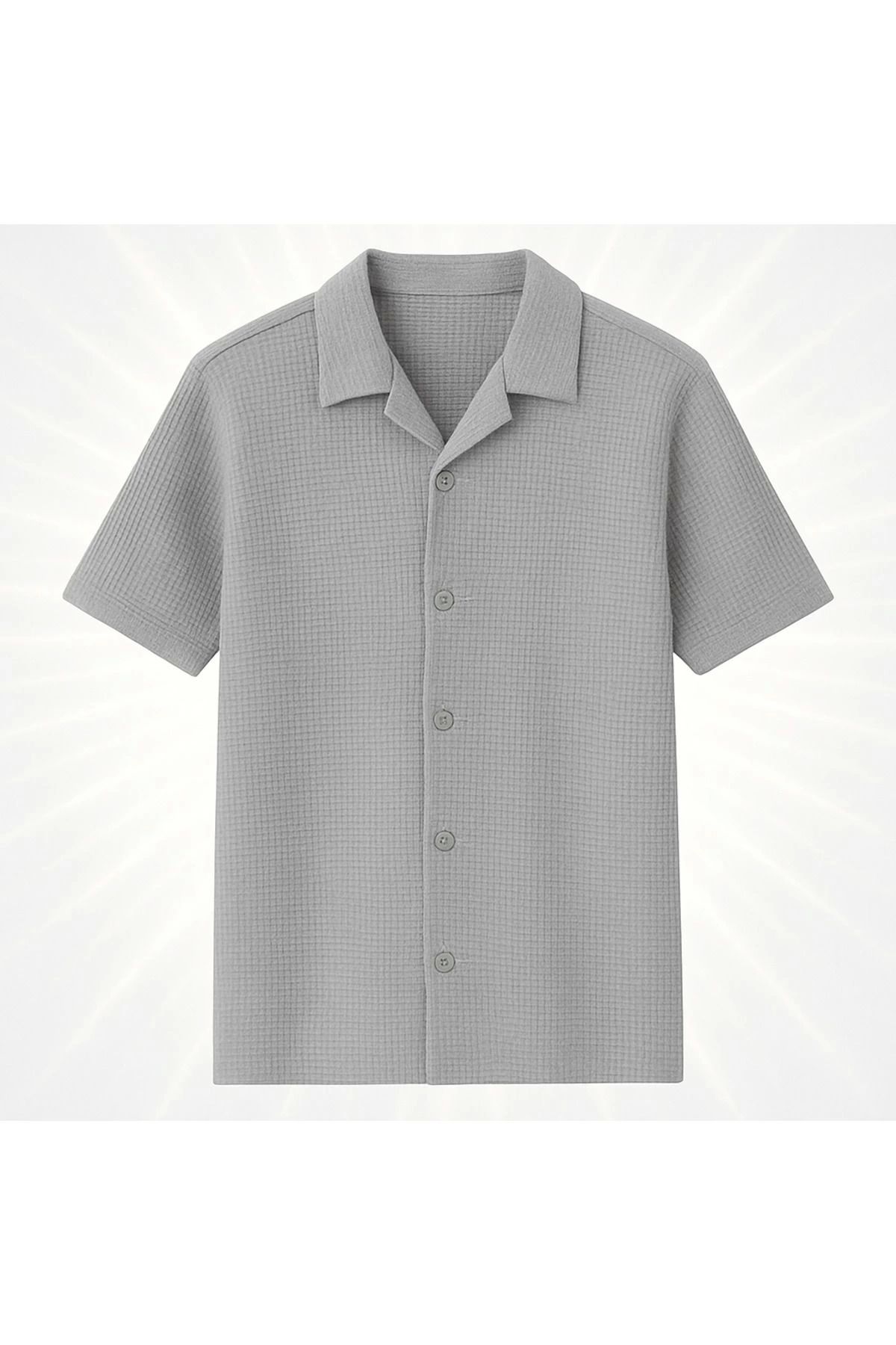 Store Waffle Desenli Slim Fit Erkek Çocuk Kısa Kollu Gömlek