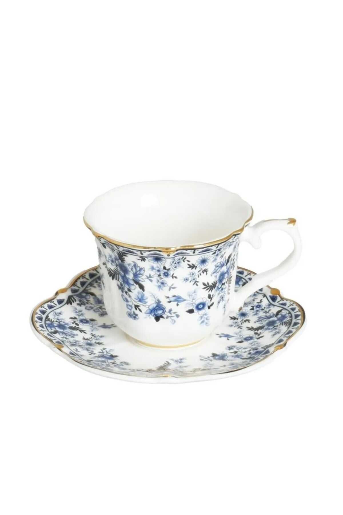 dmshome LuckArt Clarice New Bone China Porselen Mavi Küçük Çiçek Desenli 6 Lı Kahve Fincanı Seti Lyfn016