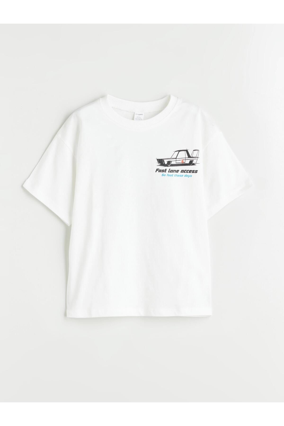 LC Waikiki-Ecru Crew Neck Printed Boy's T-Shirt 1
