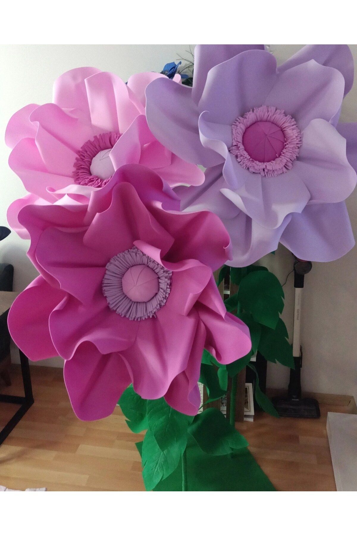 Rose bloome Dev anemon 3lü çiçek buketi pembe