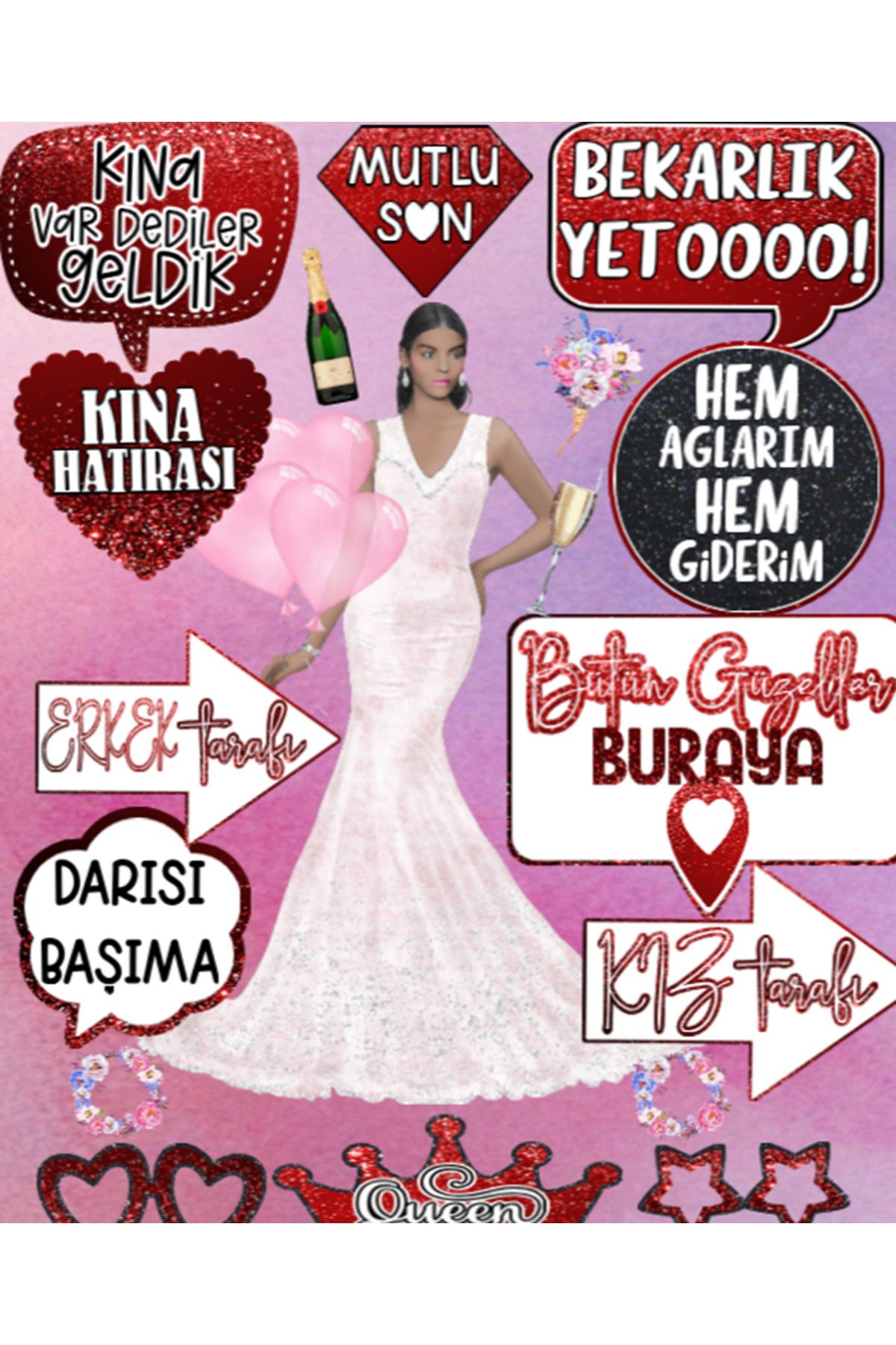 Hiras Dizayn Kına Konuşma Balonu Seti Kırmızı Işıltılı Kına Gecesi Kına Gecesi Konuşma Balonu 14 Büyük Boy