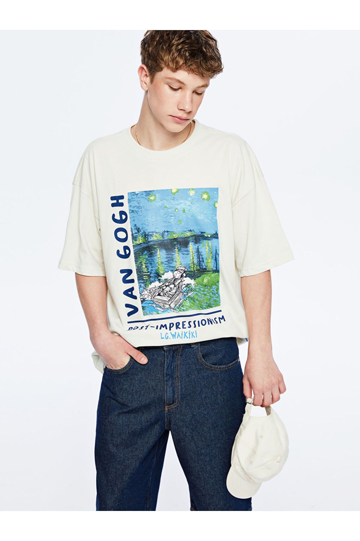 LC Waikiki LCW Teen Bej Bisiklet Yaka Van Gogh Baskılı Genç Erkek Tişört S5QO61Z4NVY25