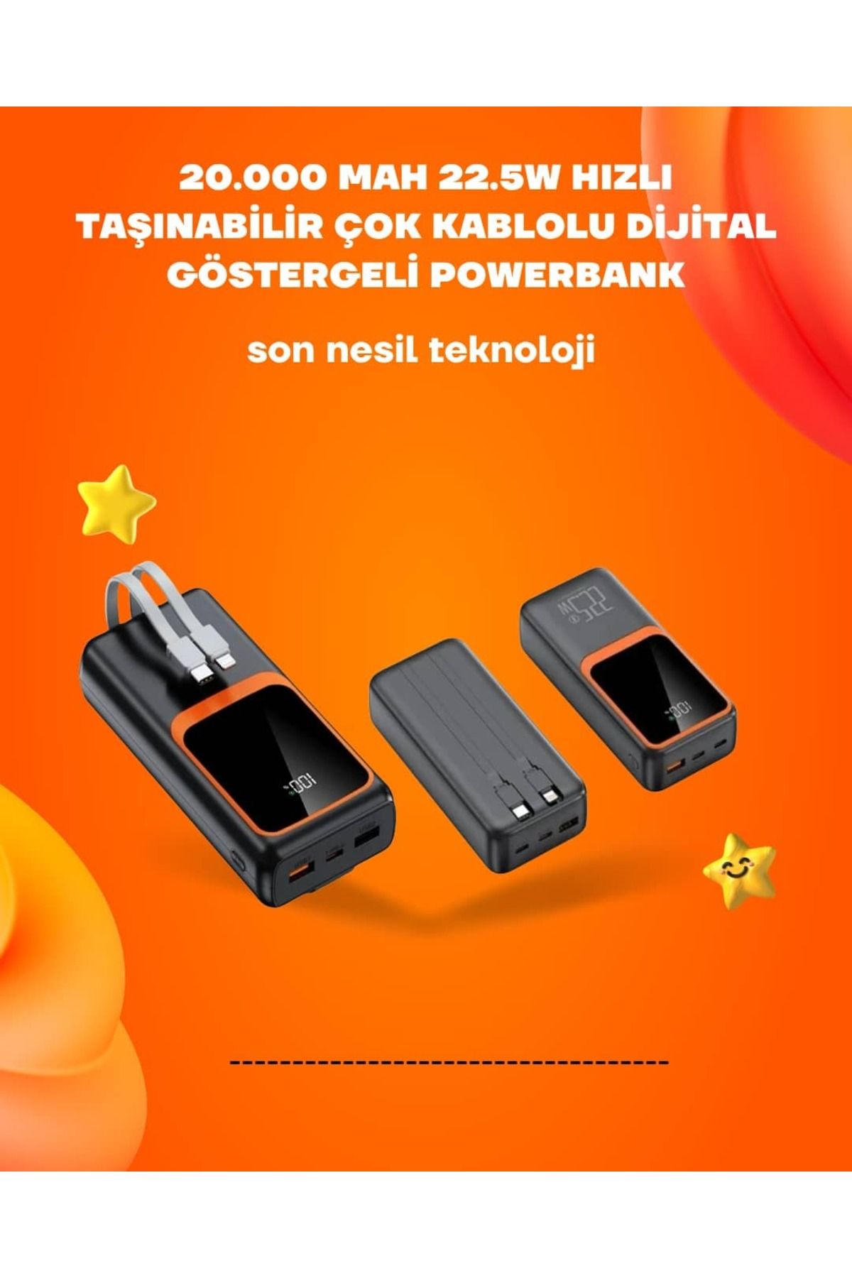 teknodayım Powerbank 20000 mAh | 22.5W Hızlı Şarj, Dahili Kablolu, LCD Ekranlı Şarj Cihazı