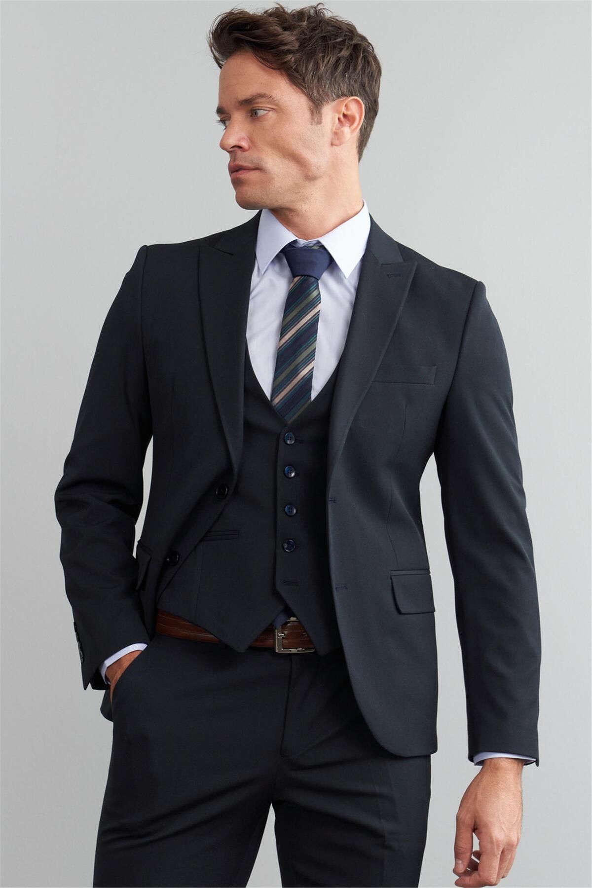 Mentality Çetinkaya Mentality 38 Yunter Loco Slim Fit Yelek Takım Elbise Lacivert