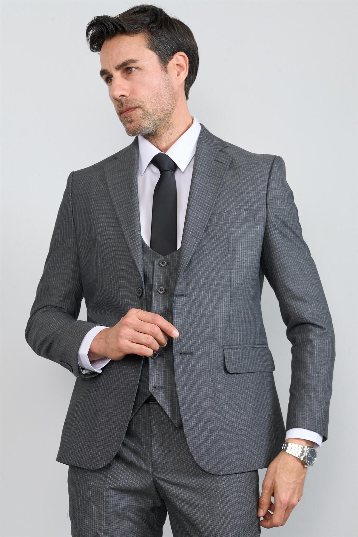 Mentality 9122 Erkek Mono Yaka Slim Fit Yelekli Takım Elbise Koyu Gri