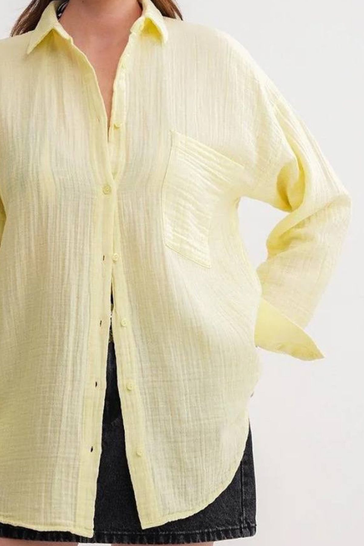 Mogi Butik Kadın Cepli Oversize Basic Müslin Gömlek 3079