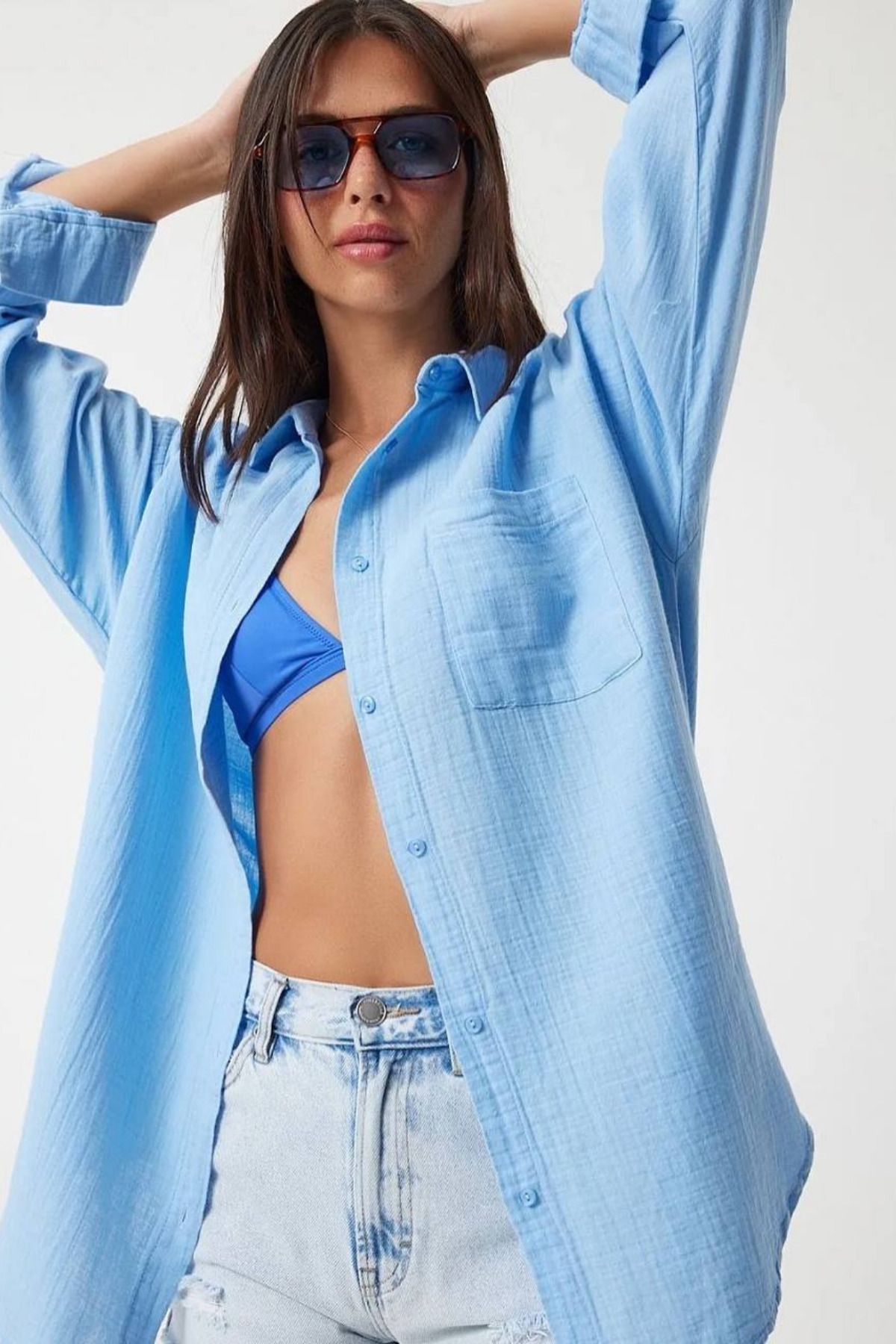Mogi Butik Kadın Cepli Oversize Basic Müslin Gömlek 3079