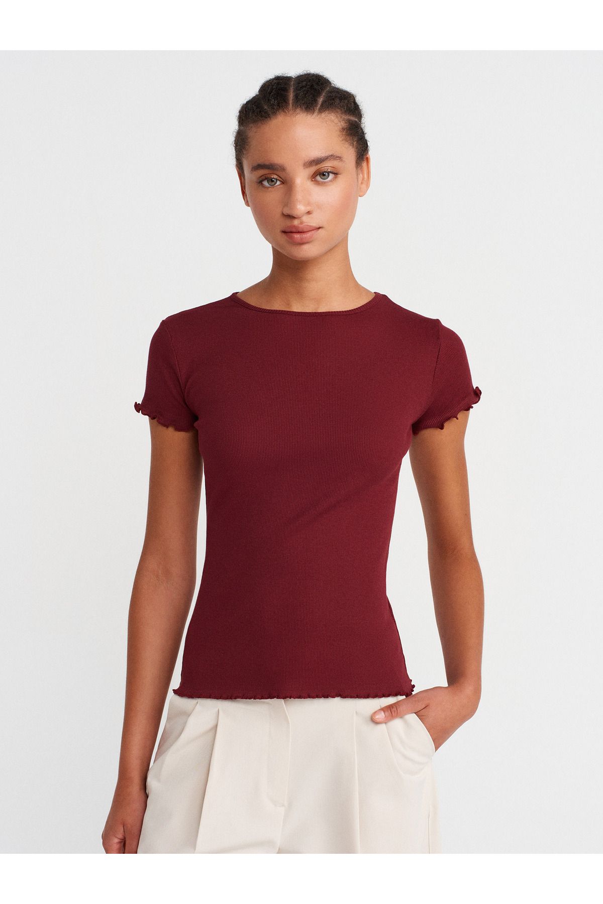 Dilvin 31935 Kısa Kollu T-shirt-Açık Bordo