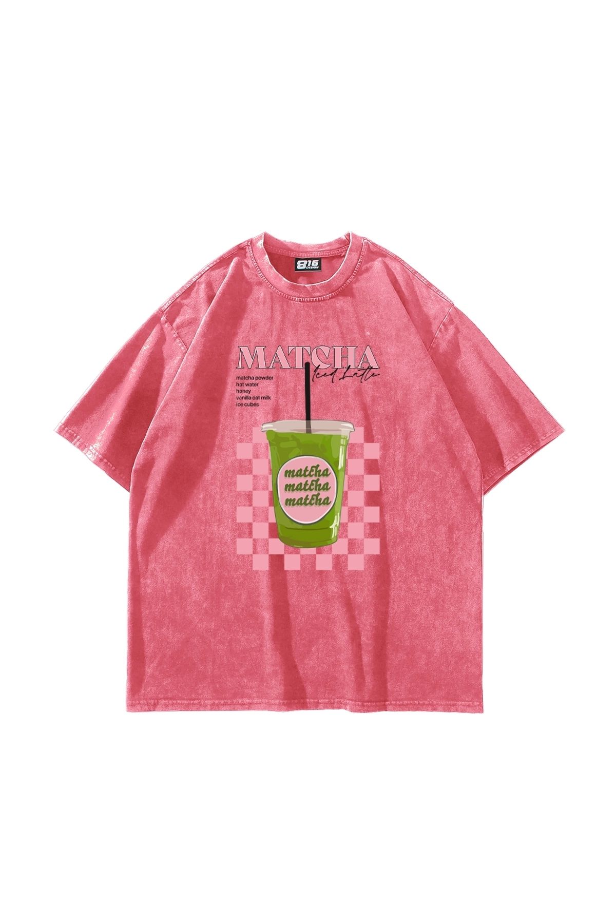 Sekizbiraltı Matcha Iced Latte Baskılı Oversize Unisex Yıkamalı Pembe Tshirt