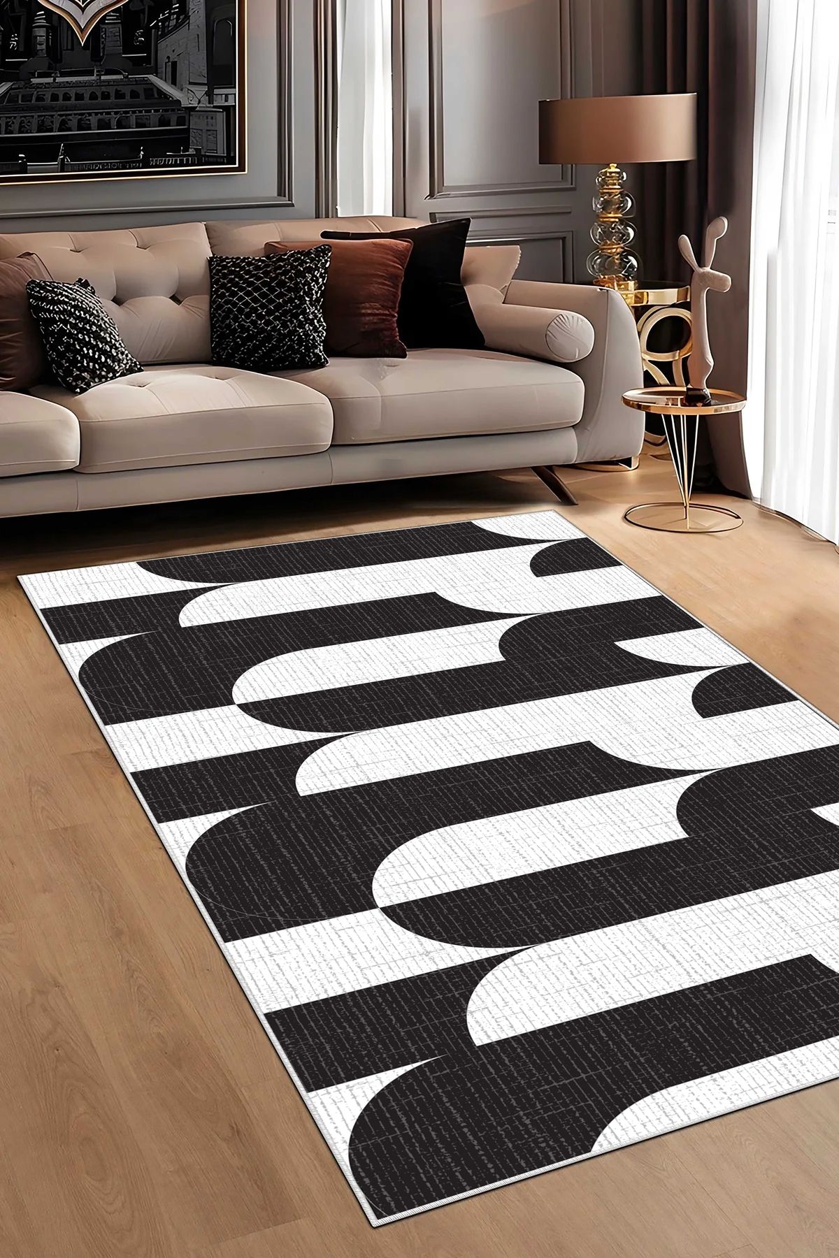 Hülya Home Salon Halısı Geometrik İskandinav Eskitmeli Dijital Baskı Yıkanabilir Kaymaz Taban 9106SALONHULYA