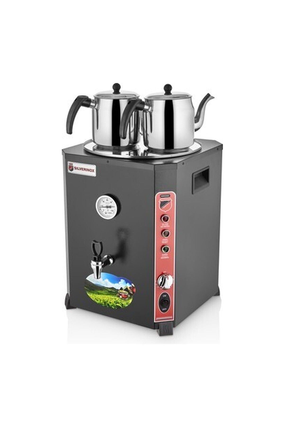 Silverinox Işıkgaz Jumbo Çay Makinesi Kırmızı-Siyah (Demlikler Dahil)