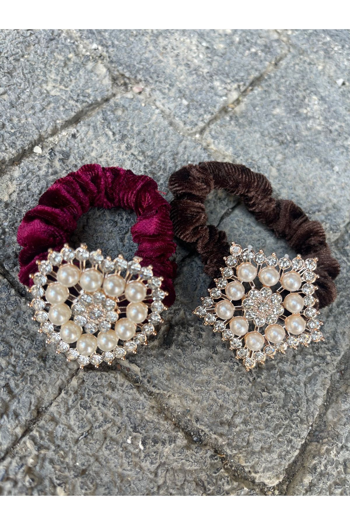 Hcollectıonnnn Taşlı Lastik Toka ( 2 li ) Bordo - Kahverengi