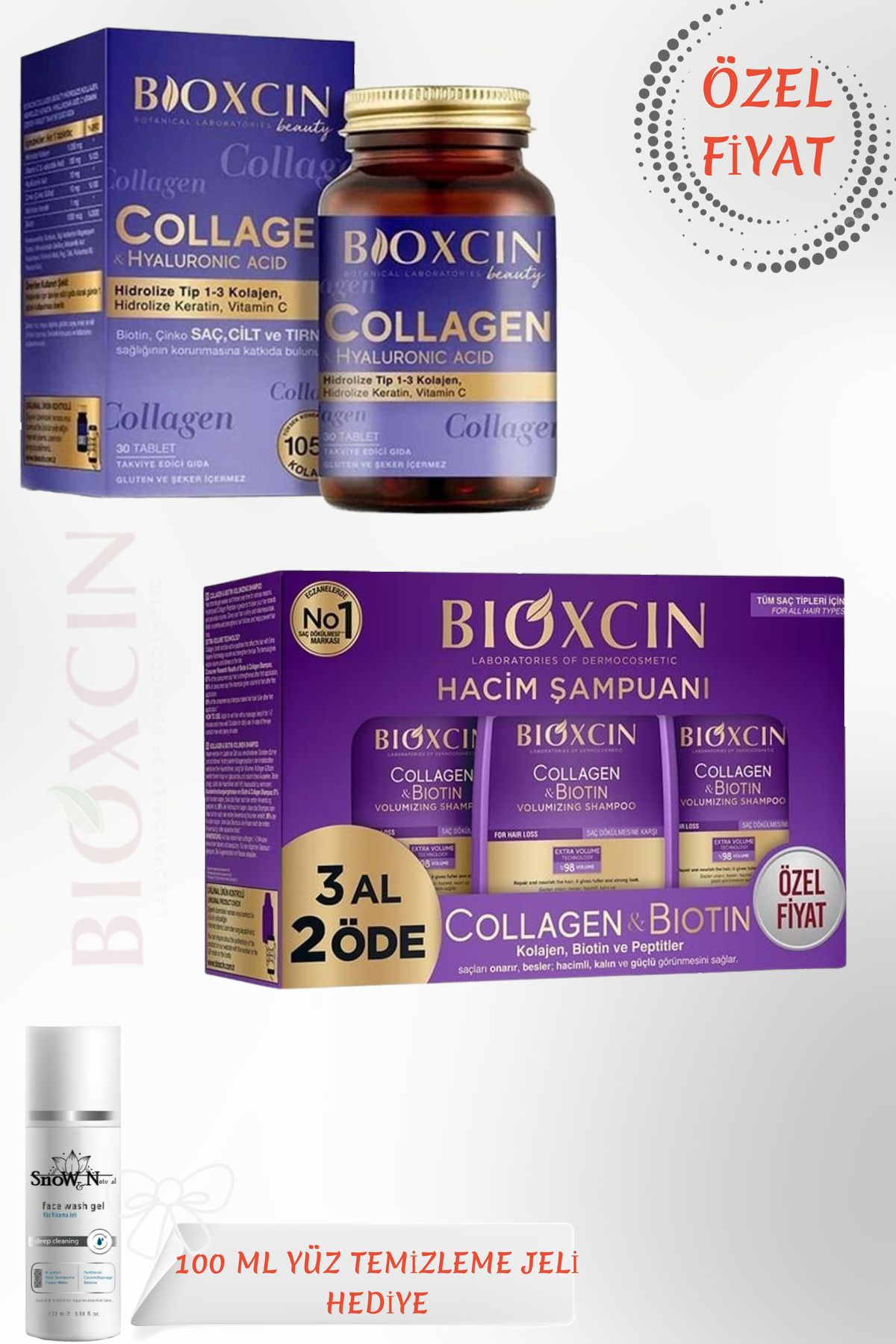 Bioxcin Collagen ve Biotin 3x300 ml Hacim Şampuanı (&) Collagen 30 Tablet + 100ml yüz temizleme jeli HEDİYE