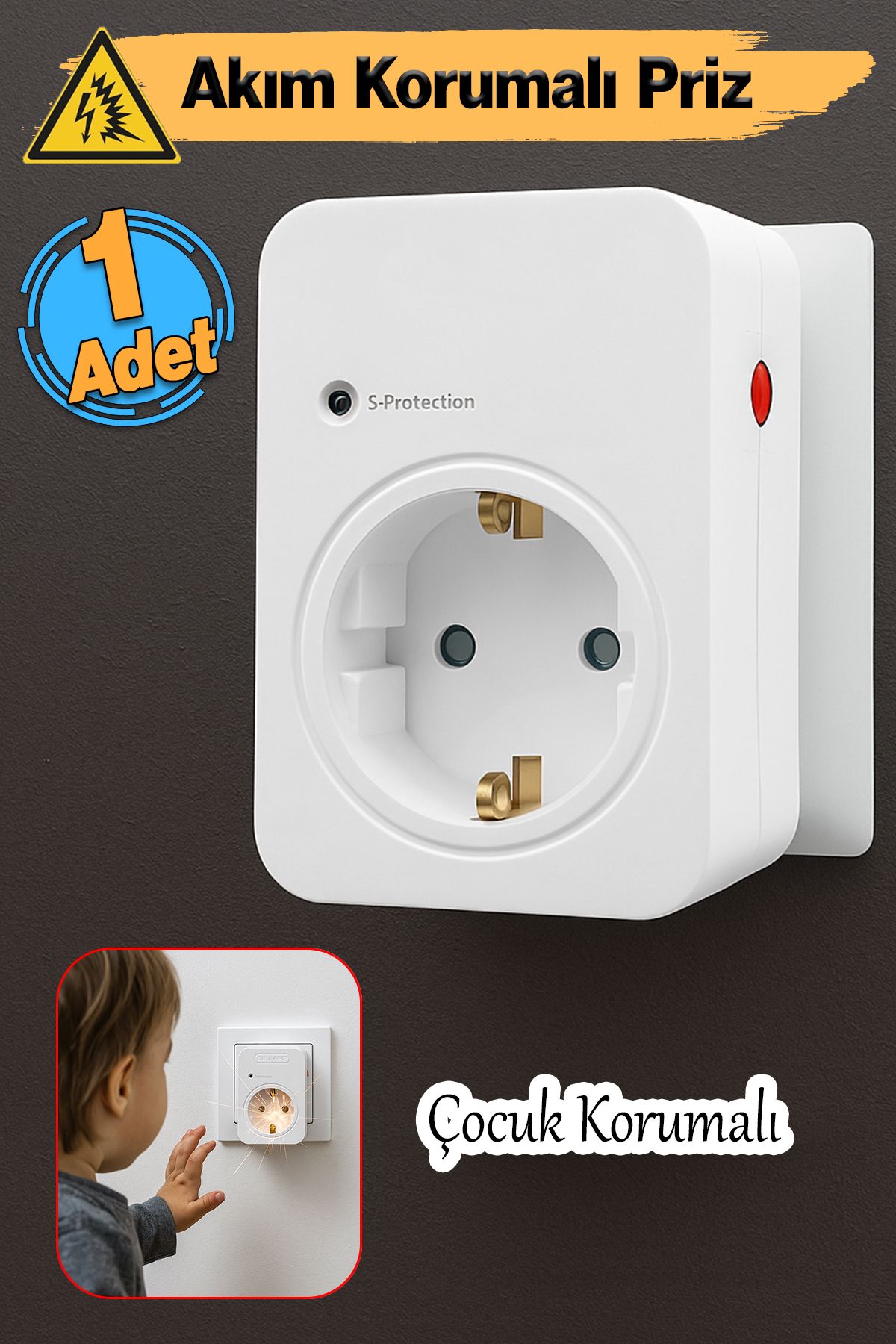Badem10 Akım & Şok Korumalı Tekli Priz Açma Kapama Düğmeli Çoçuk Korumalı Fiş 720 Joule IP20 3600 W Koruma