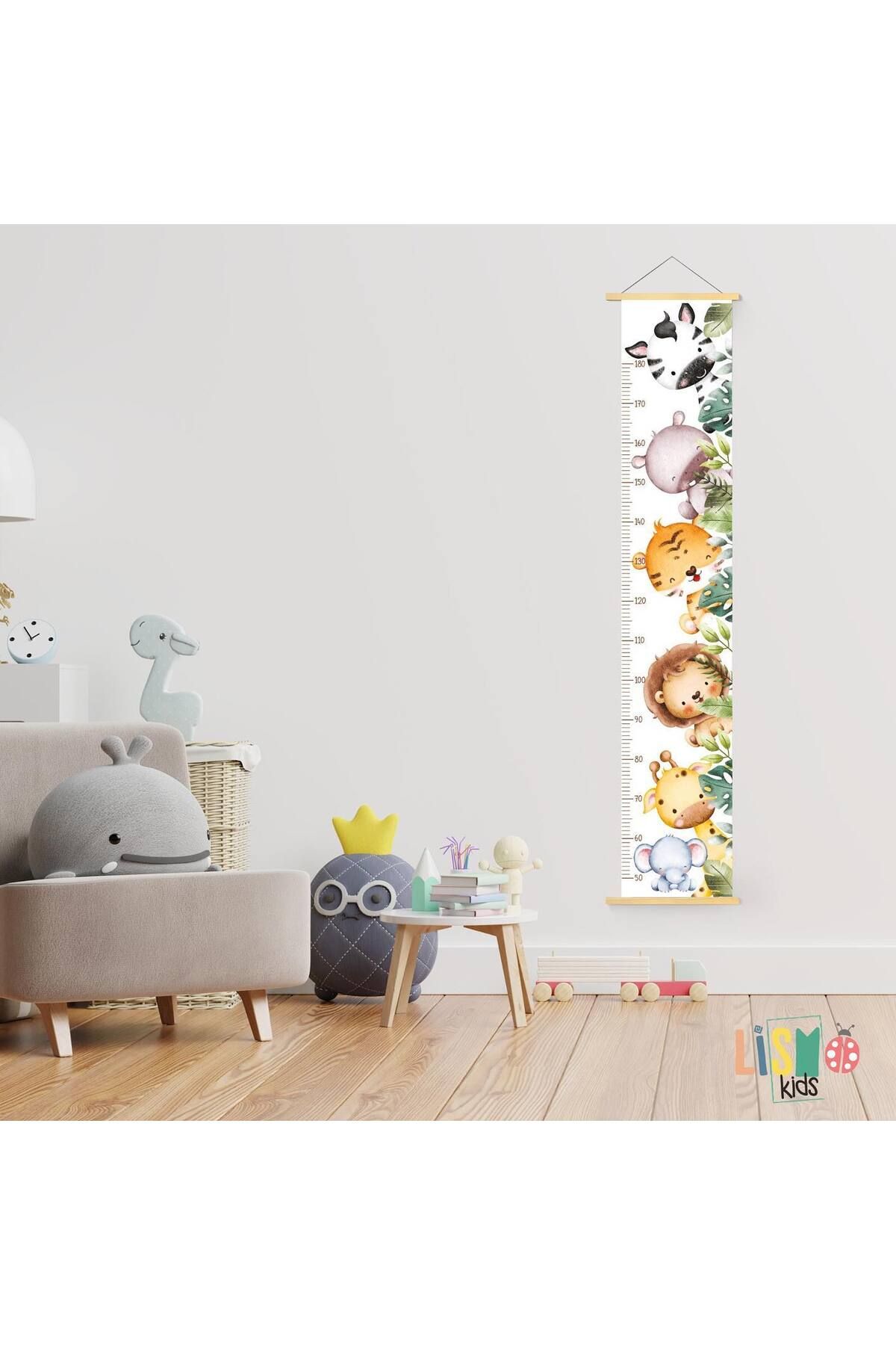 lismo kids Mutlu Safari Hayvanlar Boy Ölçer Çocuk Odası Kanvas Poster