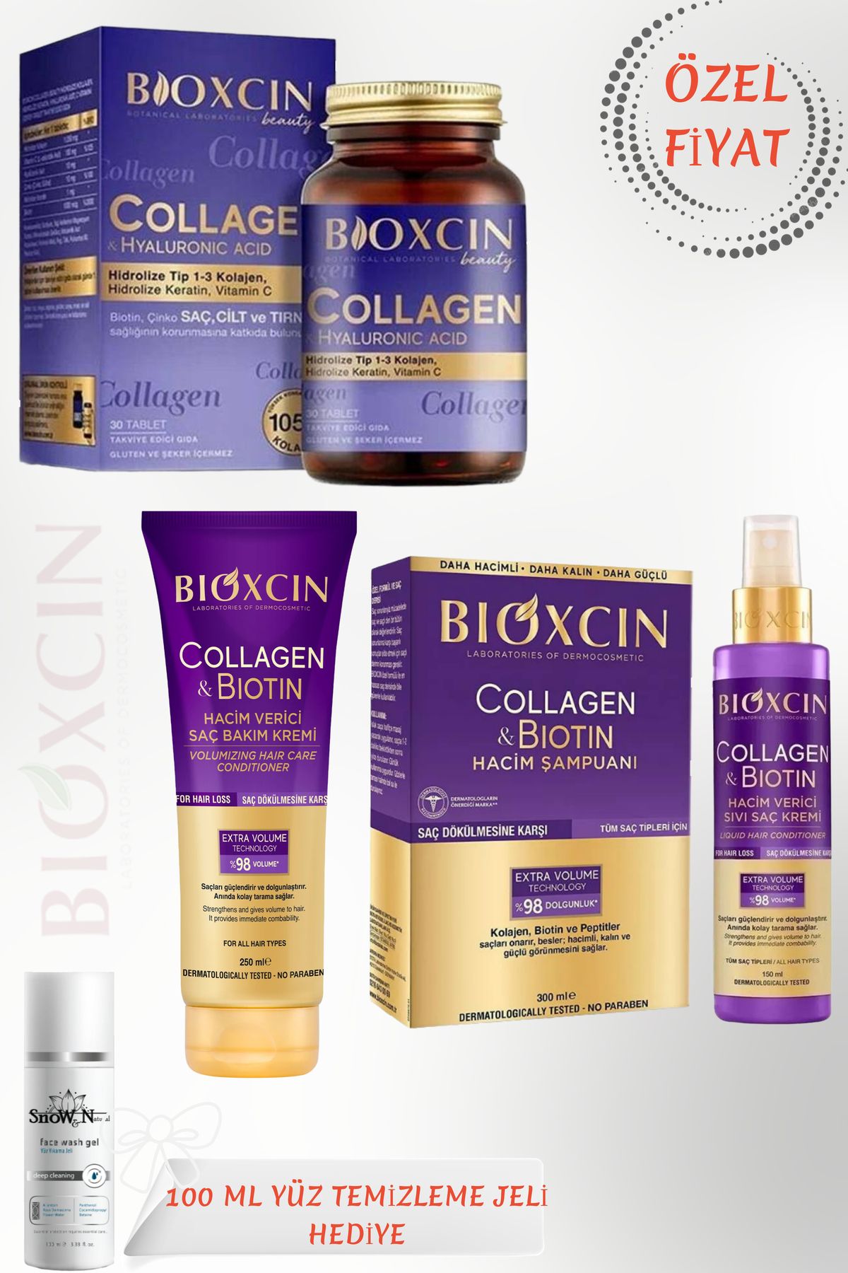 Bioxcin Collage&Biotin 300Ml Şampuan+ 250Ml Krem + 150Ml Sıvı Kremi+Collagen 30 Tablet + 100 Ml Jel HEDİYE
