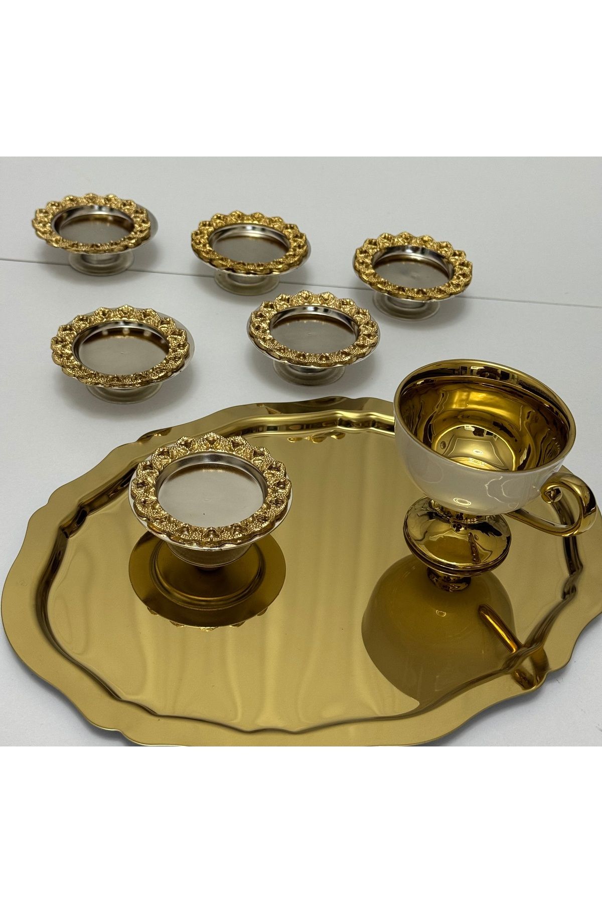 Elzemm store GÜMÜŞ KAPLAMA 6 ADET GOLD DESENLİ ÇERÇEVE LOKUMLUK KAHVE YANI MAKARONLUK