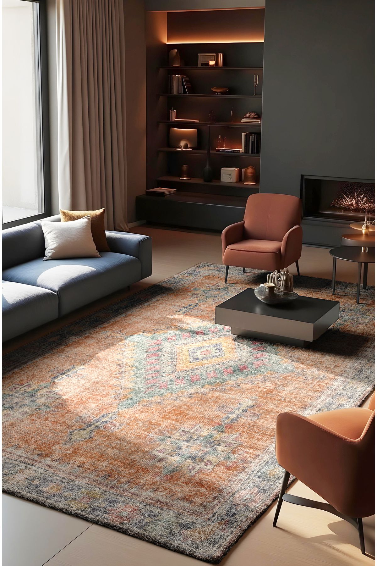 MUN HOME modern Desenli Turuncu/kahve/yeşil Vintage Dokuma Taban Dijital Baskılı Halı