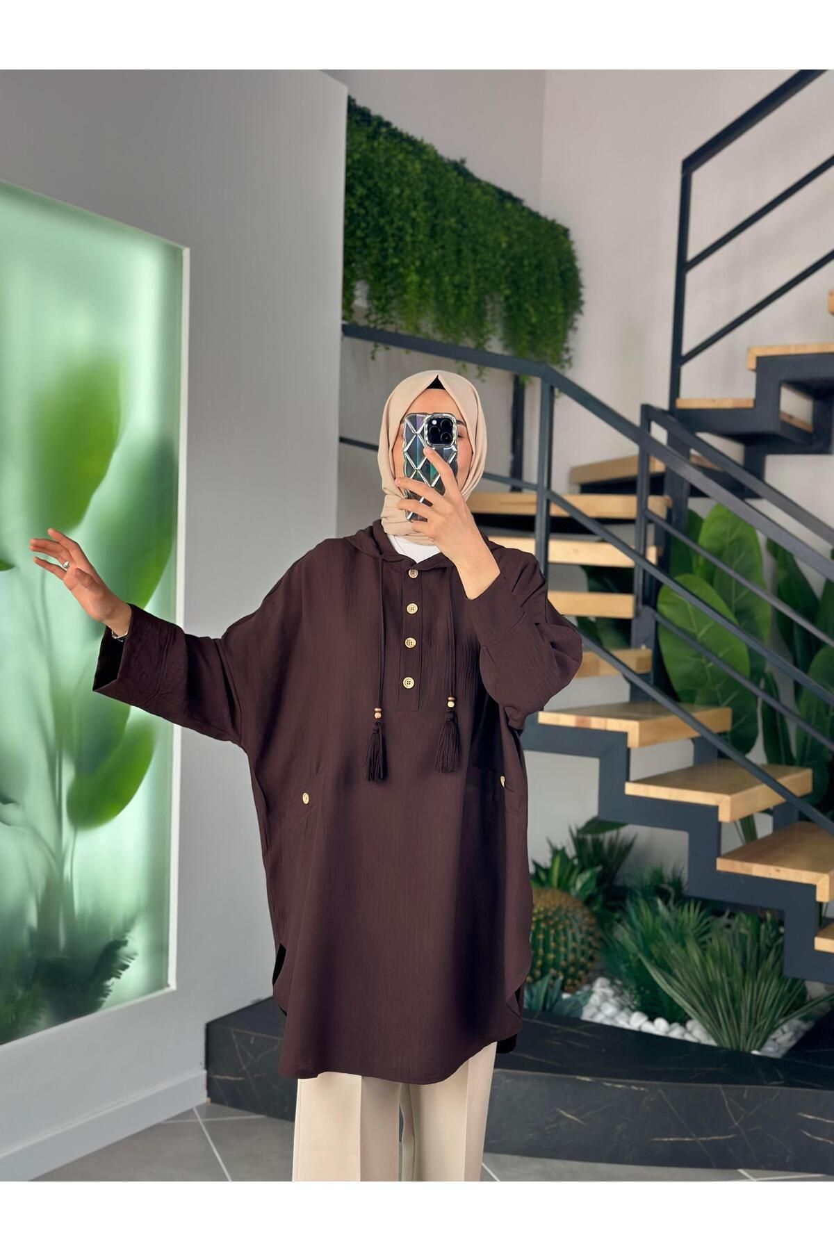 İkoll Ahşap Düğmeli Kahverengi Kadın Bohem Tunik