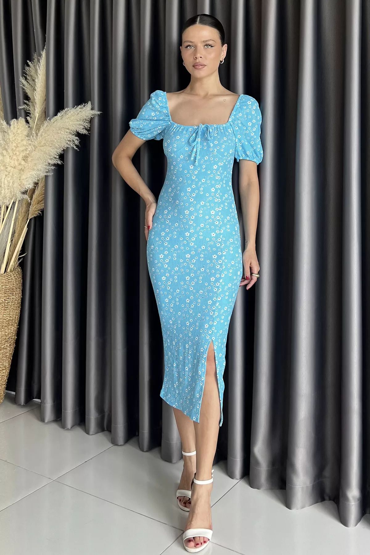 GÜLSELİ-Rochie de damă cu mâneci balon cu fantă albastră 2