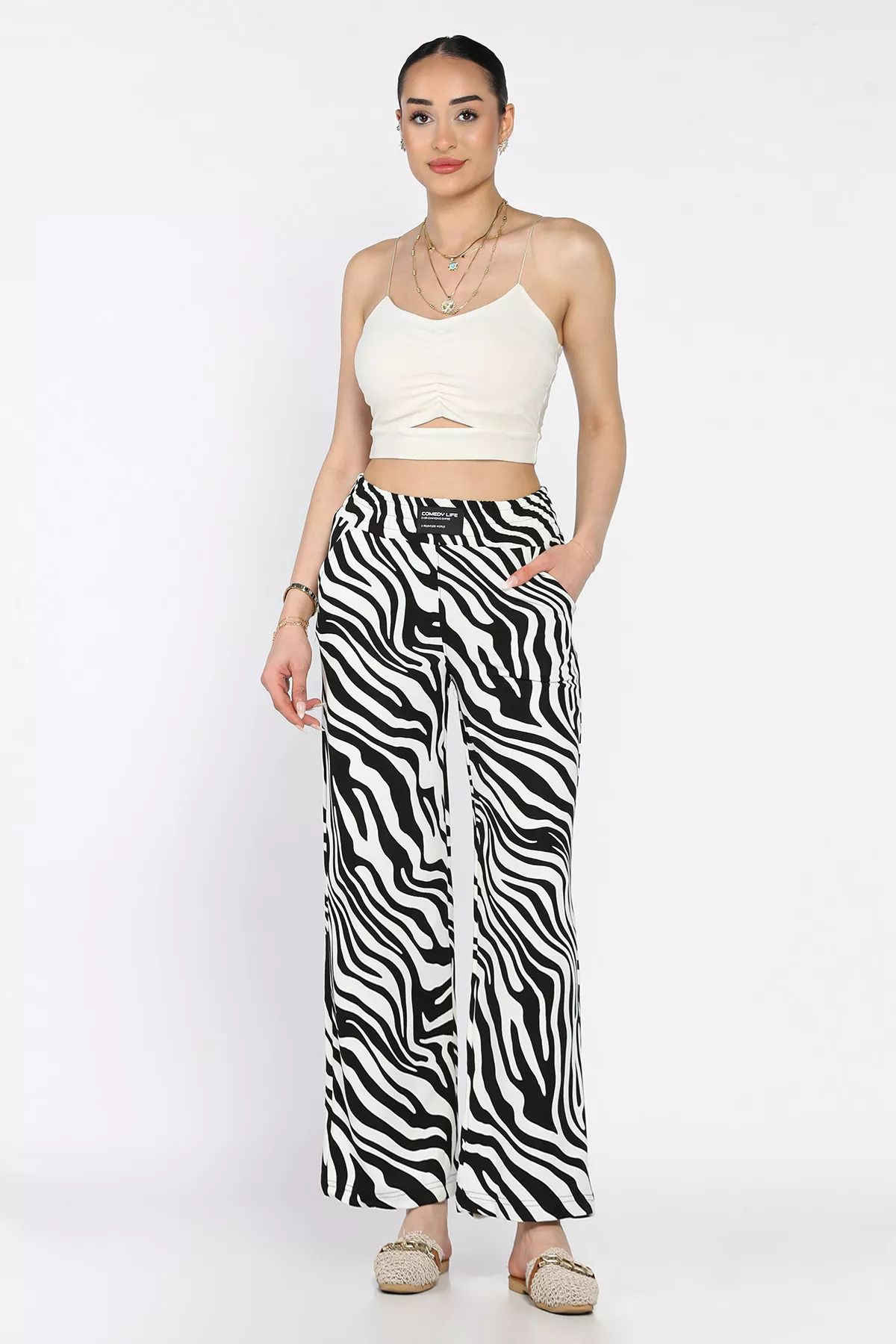 GÜLSELİ Siyahbeyaz Zebra Desenli Kadın Pantolon