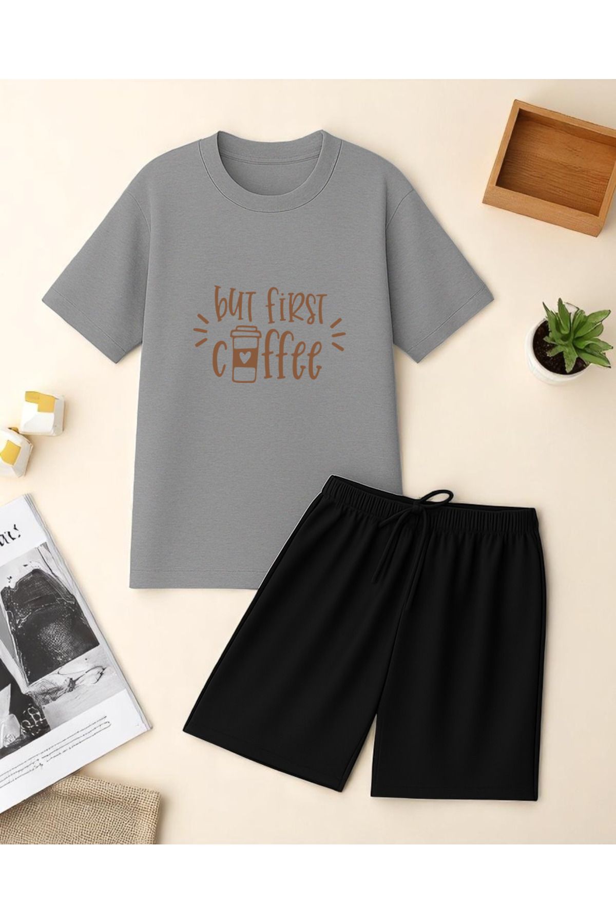 uyguntarz But First Coffee Baskı Şort Takım
