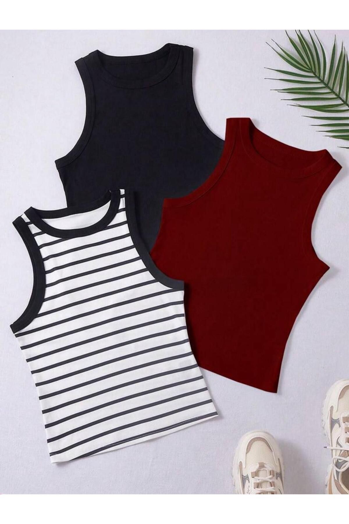bemmoda Kadın 3'lü Set 3'lü Renk Esnek Atlet Bluz