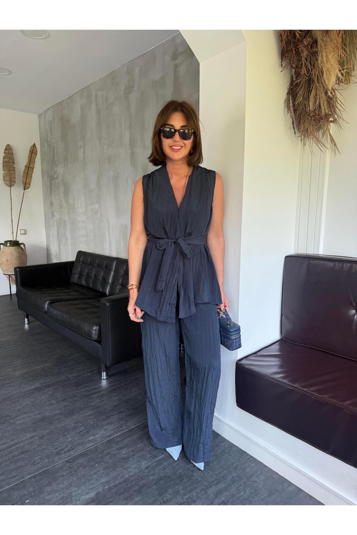 begum mayda Orijinal Model , Bağlamalı , Lacivert , Bluz & Pantolon , Takım