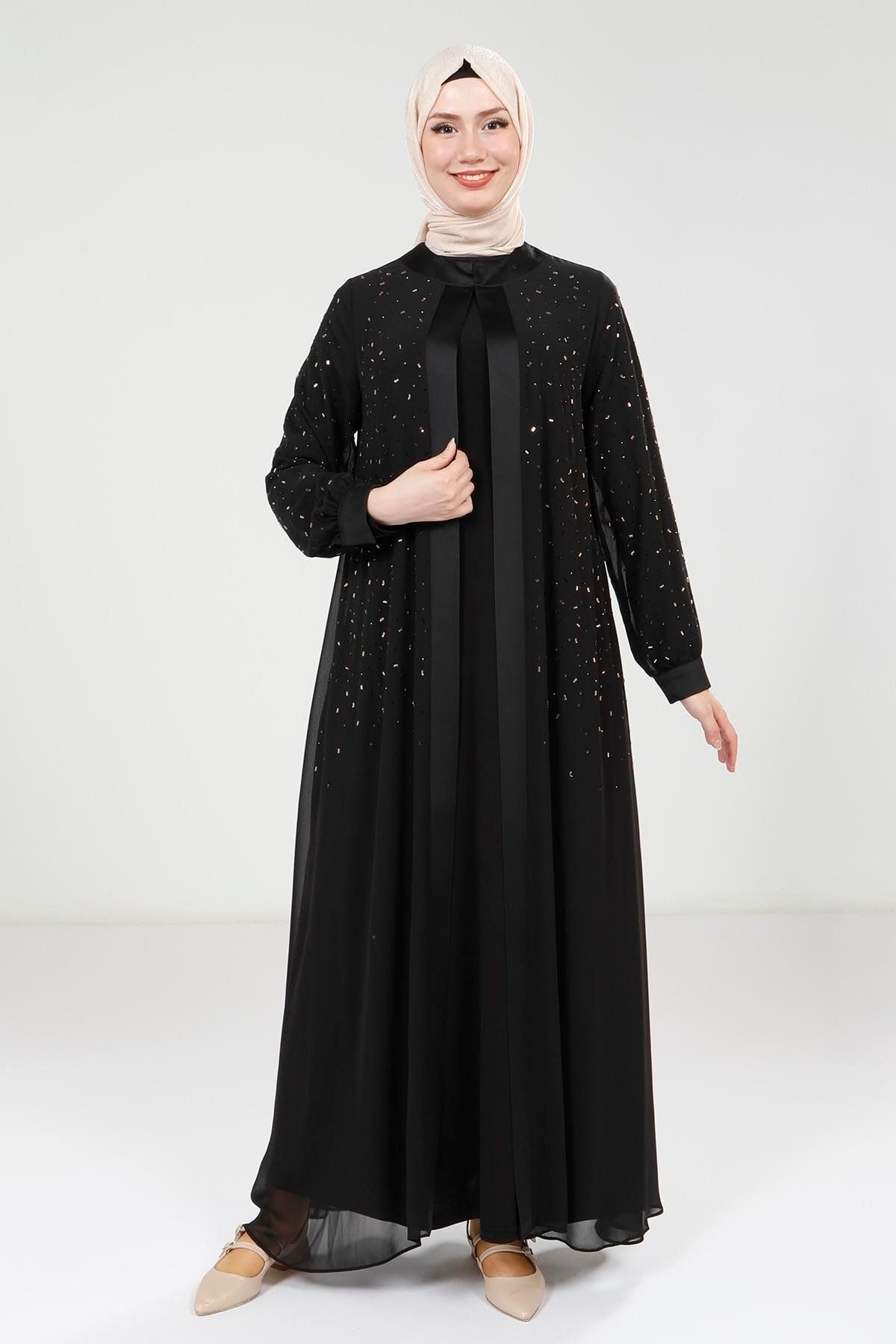 Beyza Taş Detaylı Şifon Siyah Abaya Takım 9321