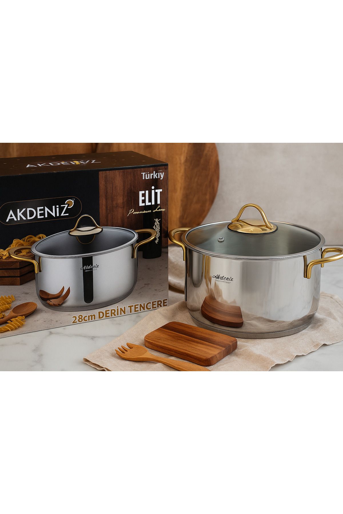 Akdeniz Elit Serisi 28 cm Gold Kulplu Paslanmaz Çelik Tencere – Cam Kapaklı, Şık 18/10