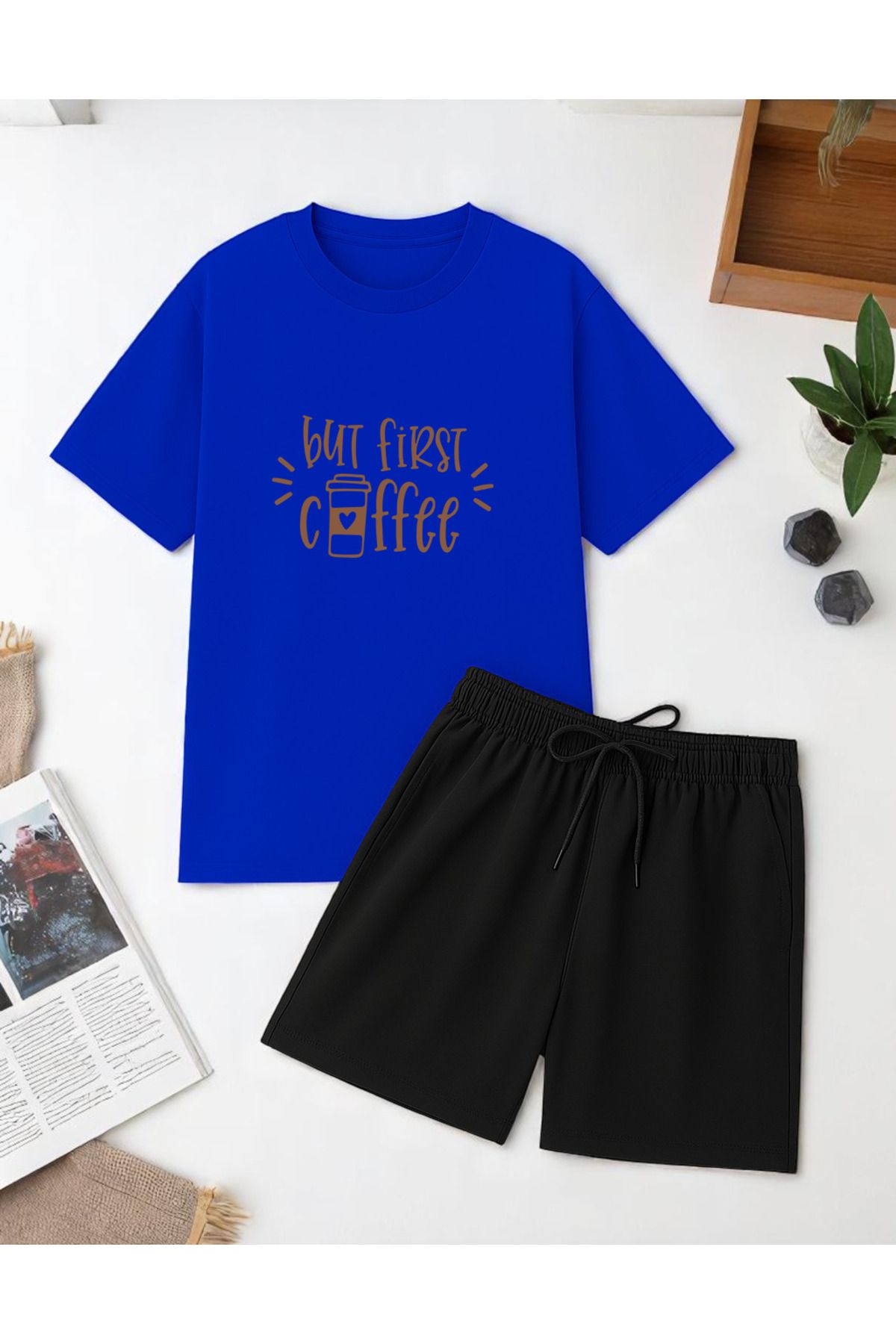uyguntarz But First Coffee Unisex Baskı Şort Takım