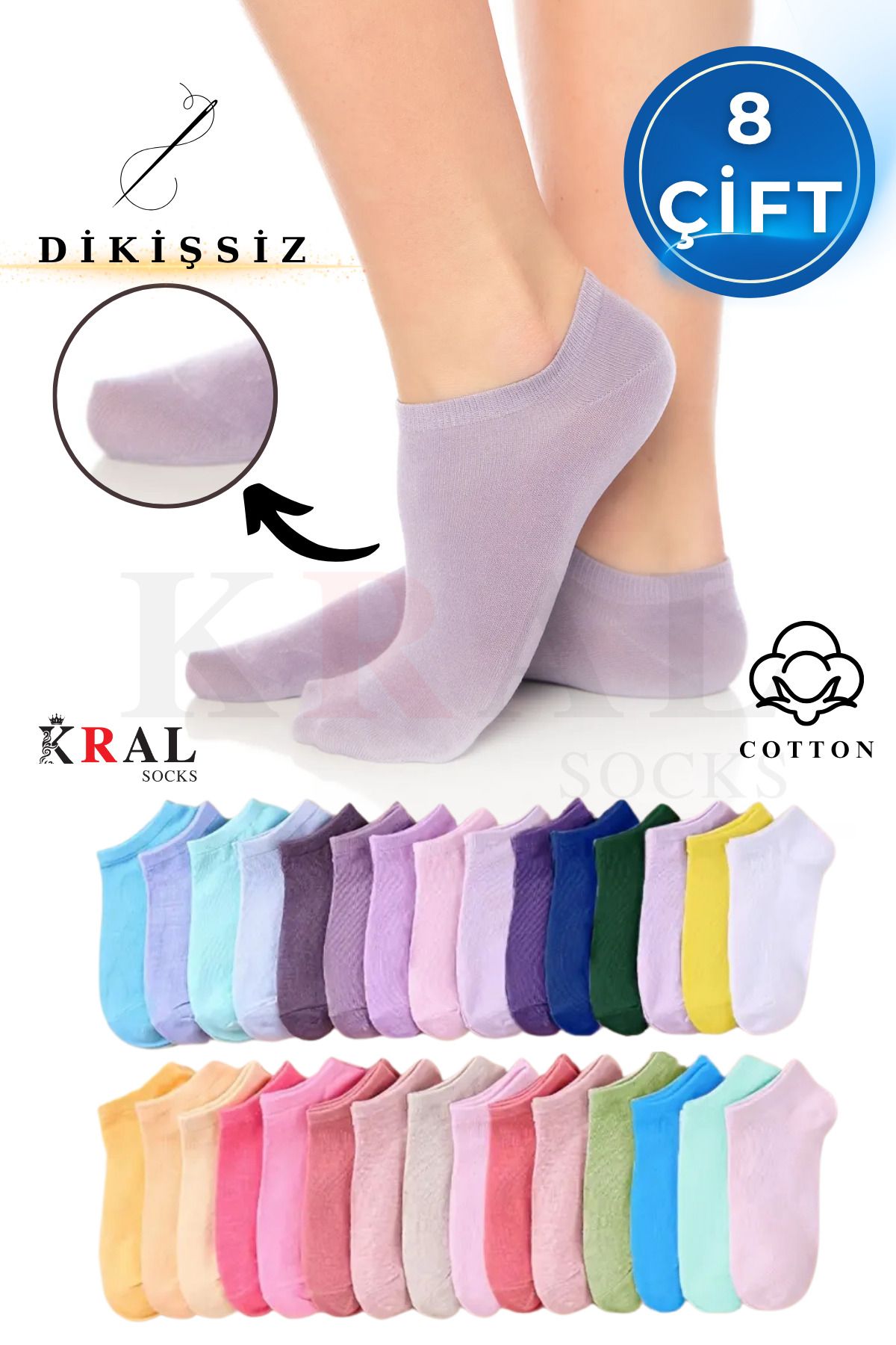 KRAL SOCKS Kadın - Erkek 8 Çift Cotton Dikişsiz Soft Görünmez Penye Patik Bilek Çorap