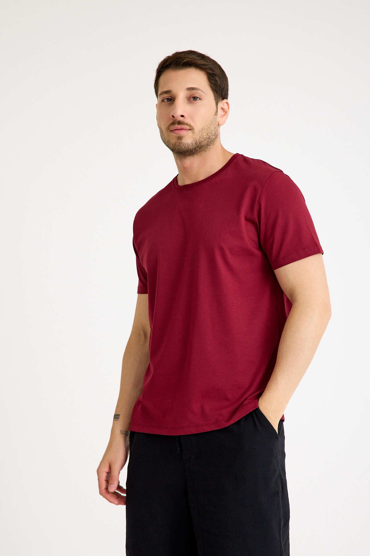 Kretas Bordo Tişört Basic Erkek Regular Loose Fit Pamuklu T-shirt Kısa Kollu