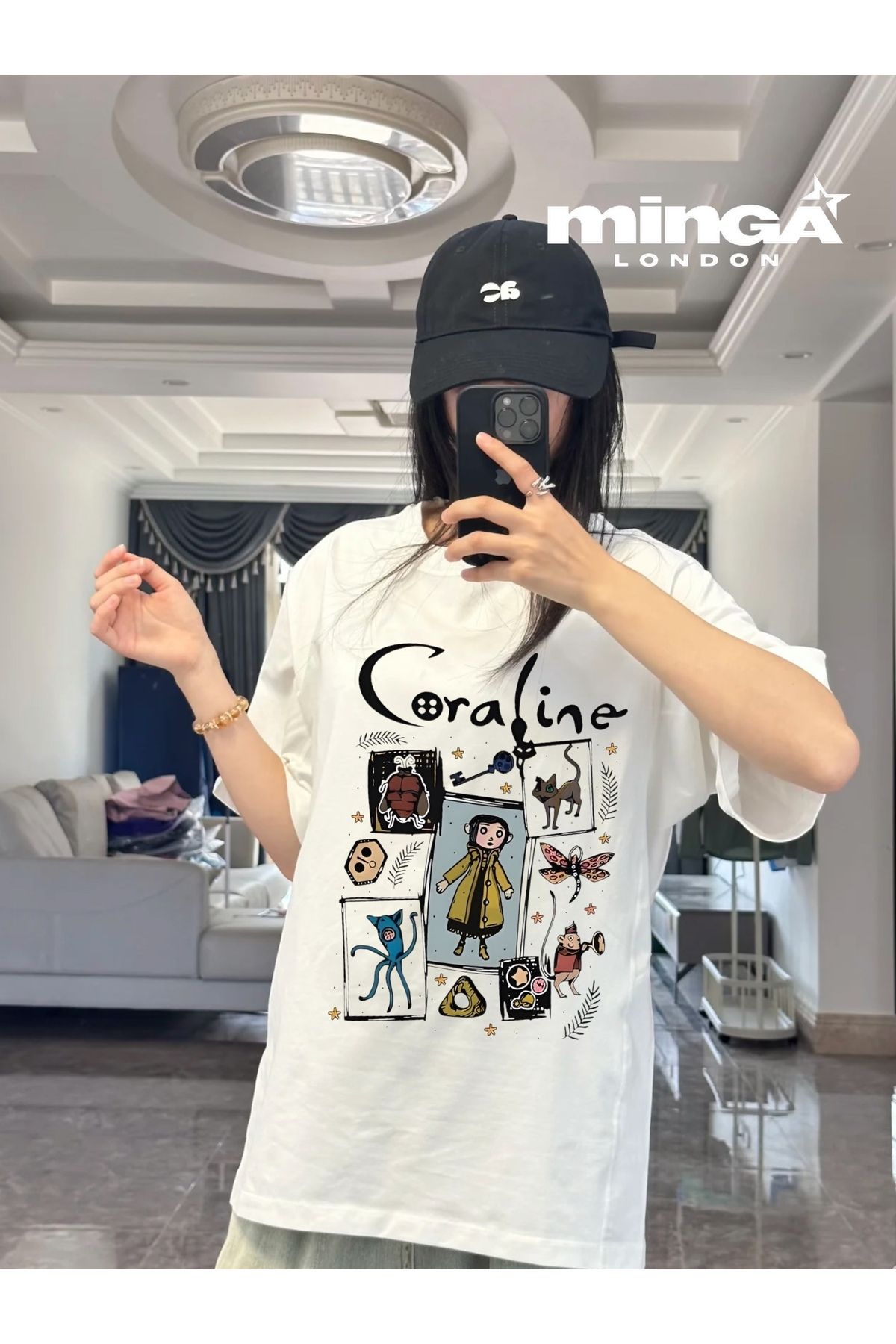 Minga London Child Cartoon Baskılı Beyaz Oversize Tshirt- Minga London