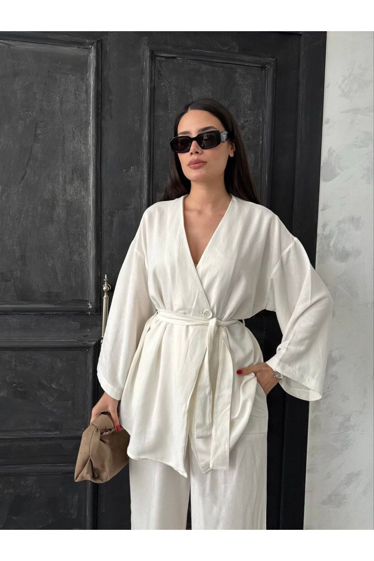 My Blog Kuşaklı Düğmeli Kimono