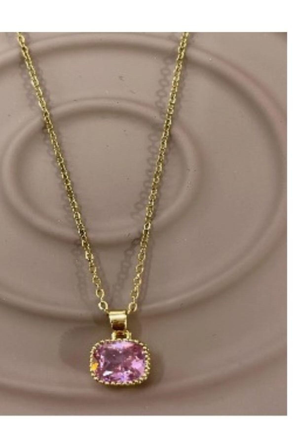 Eyelashes Silver Kare Pembe Zirkon Taşlı Gold Renk Çelik Kolye
