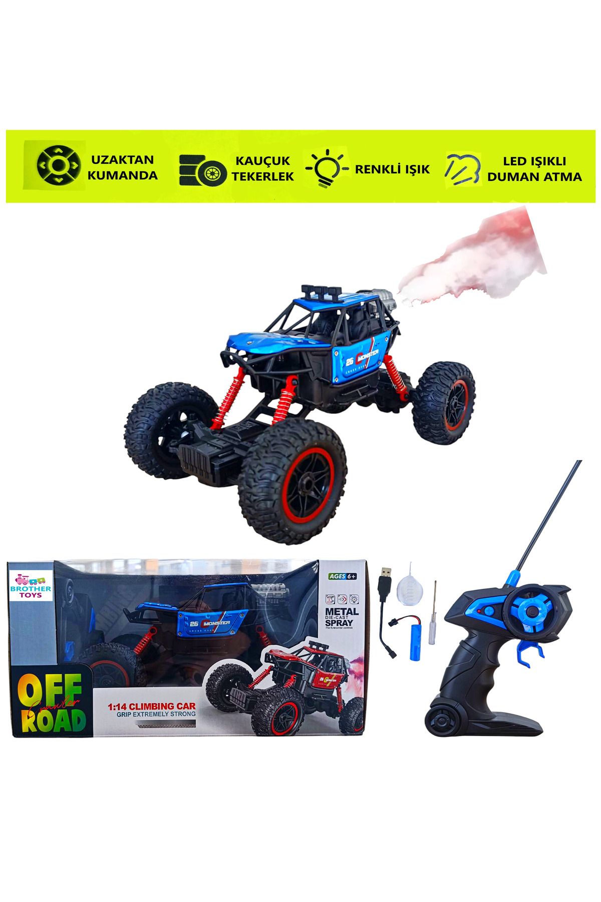 Brother Toys Duman Atan Uzaktan Kumandalı Şarjlı Full Fonksiyon Canavar Rock Crawler 26 Cm.