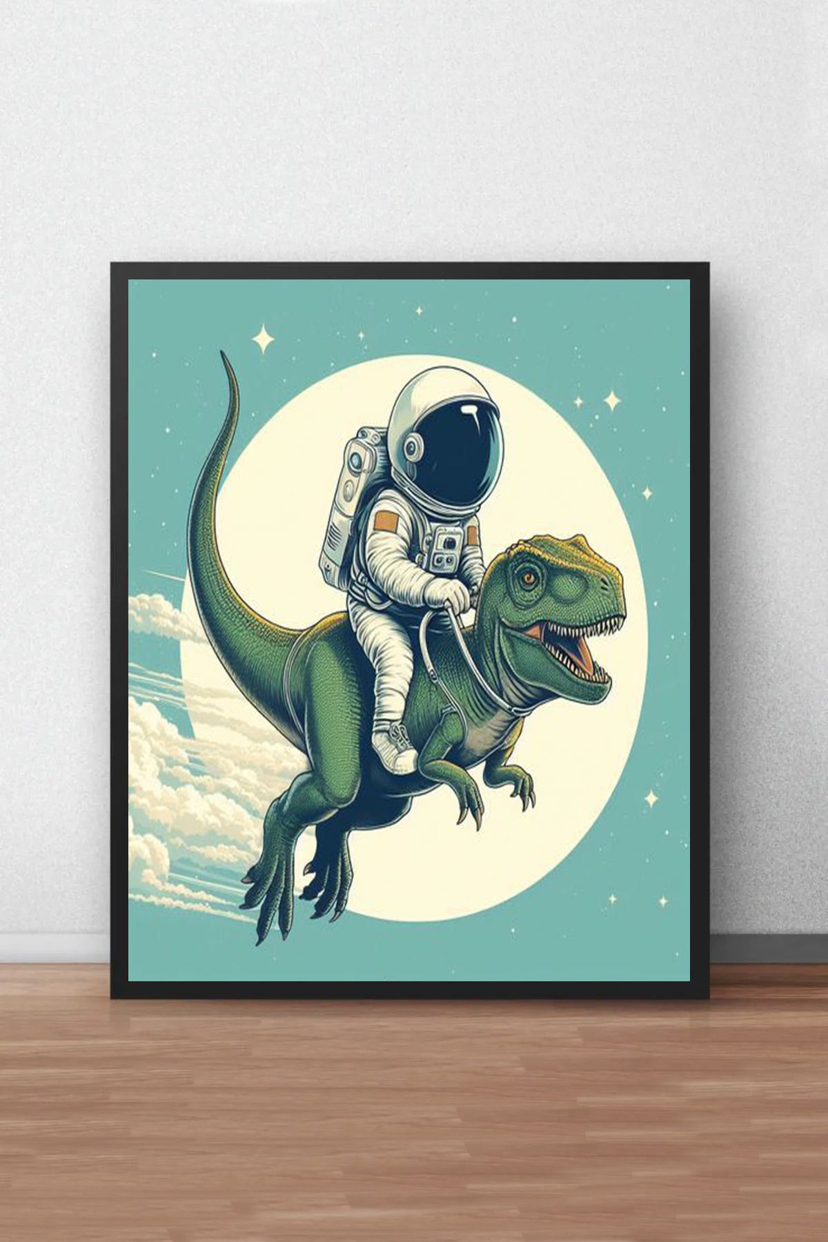 z zizuph Uzayda Astronot ve Dinazor Mizah Temalı, Ahşap Duvar Tablosu, UV Baskı Tablo Kaliteli Duvar Süsü