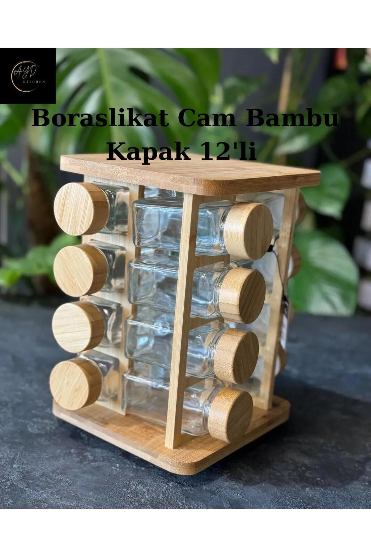 Ayd Kitchen 12'li Döner Bambu Standlı Tuzluk Biberlik Baharatlık Seti ( Kare )